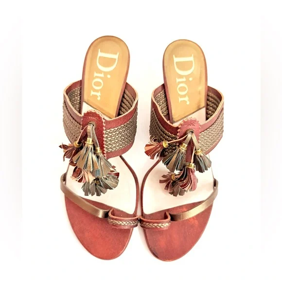 Christian Dior Vintage Brown Gold Leather Tassel thong kitten heel sandals EU 40 - Picture 2 of 10